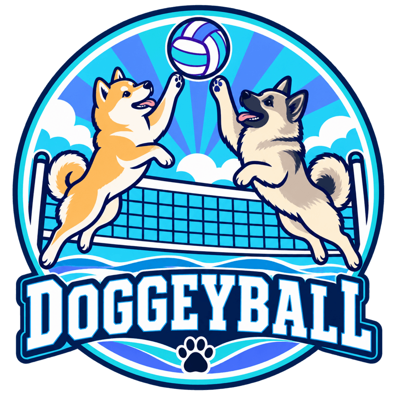 Doggeyball crest — two dogs going up at the net